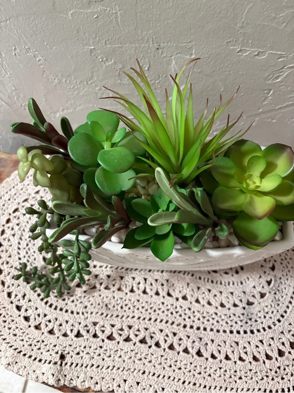 White Ceramic Succulent Planter with Green Faux Succulents